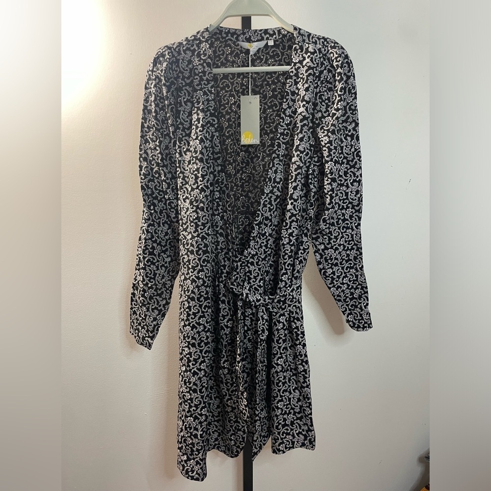 NWT BODEN|| Swirl Sprig Ruched Sleeve Mini Wrap Dress Black White Anthropologie - Picture 5 of 11